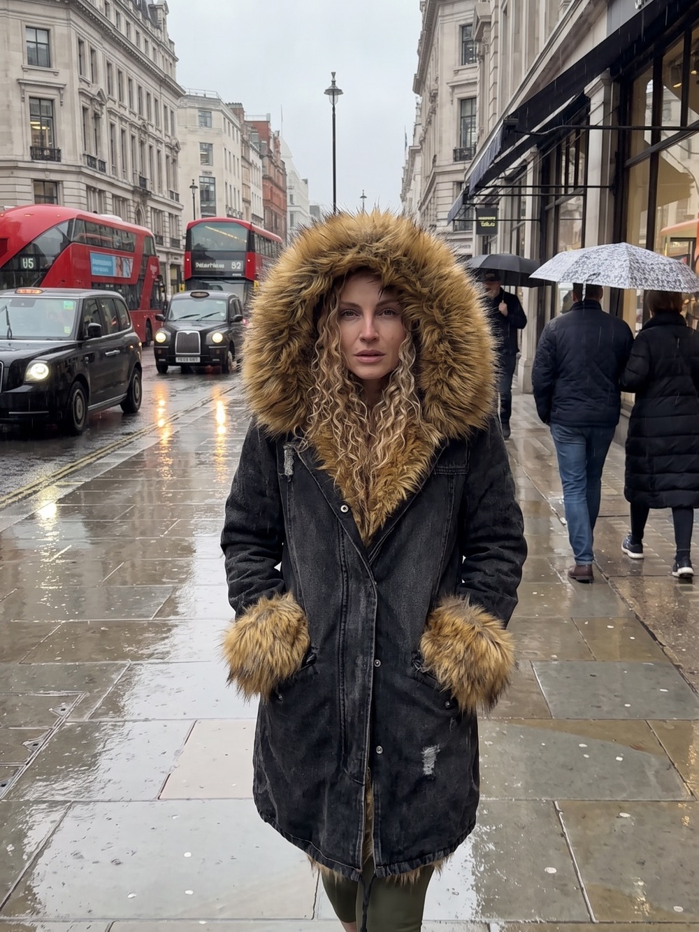 Women's Faux Fur Trim Black Parka Coat with Brown Hood